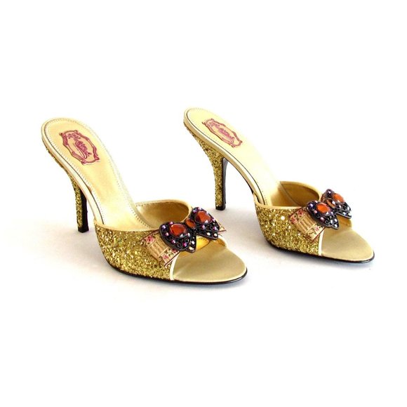 Hale' Bob Gold Glitter Metal Bow/Color Stones Detail Designer Mules Size 8.M - Picture 12 of 13